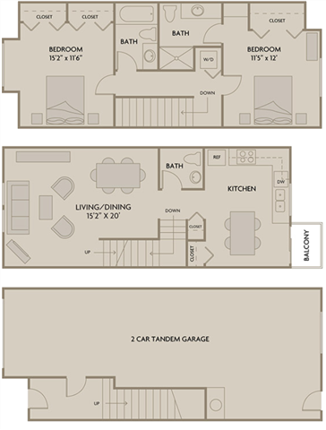 Floor plan for 2 beds, 2.5 baths, 1325 sqft